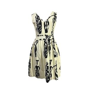 Cynthia Rowley V Neck Dress Cotton Cream Black Sleeveless Empire Waist Womens 4